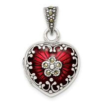 Silver Antiqued Red Enamel and Marcasite Heart Locket QP1291 - £51.57 GBP