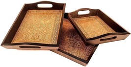 Serving Tray Set OF 3 with handles wood brass engraving for snacks - £60.37 GBP