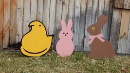 Easter Trio Peeps Chick 17&quot; Peeps Pink Bunny 18&quot; Chocolate Bunny 21&quot; Yard Art Ga - £80.41 GBP