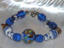 Estate Blue Asian Floral Ceramic Art Glass Bead Bracelet – 7.75 inches in length - £8.12 GBP