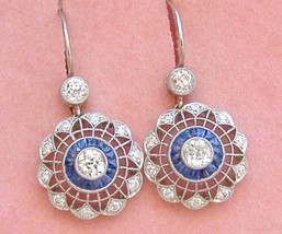 Art Deco 1.34ctw Diamond Sapphire Halo Dangle Scalloped Round Cocktail Earrings - £3,319.07 GBP