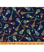 Cotton Tossed Lacrosse Sticks LAX Sports Navy Fabric Print by the Yard D... - $281.77 MXN