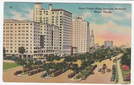 Vintage Postcard Royal Palms Along Biscayne Boulevard Miami Florida Hotels Linen - £5.48 GBP