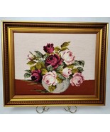 Pretty Roses in Bowl Needlepoint 17x21” Gold Framed Cross Stitch Cottage... - $128.69