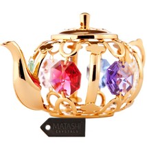 24K Gold Plated Polished Teapot Ornament Made with Genuine Matashi Crystals - £18.89 GBP