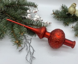 Red Christmas glass tree topper with red glitter, Christmas finial - $18.29