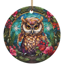 Cute Owl Bird Stained Glass Art Flower Wreath Colors Ornament Christmas Gift - £11.82 GBP