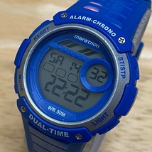 Marathon By Timex Men Lady 50m Silver Blue Digital Alarm Chrono Watch~New Batter - £10.09 GBP