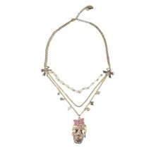 Betsey Johnson Skull Bow Faux Pearl Gold Tone Multicolor Rhinestone Necklace - £25.40 GBP