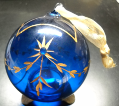 Blue Blown Glass Bulb Christmas Ornament Gold Accents Gold Ribbon Hanger... - £7.91 GBP