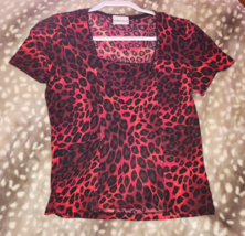 VTG 90&#39;s FASHION BUG Square Neck Stretch Knit Red Black Leopard Top Shirt M - £13.78 GBP