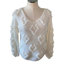 Chicwish Pom Pom Heart Wool Blend Pullover V-neck Boho Indie Sweater Cream - $32.41