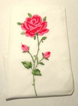 Vintage Embroidered Pink Rose and Buds Corner Made in Switzerland Ladies Hankie - £6.95 GBP