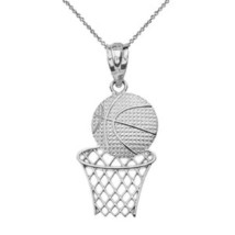 925 Sterling Silver Textured Basketball Hoop Sport Pendant Necklace -Made In USA - £26.74 GBP+
