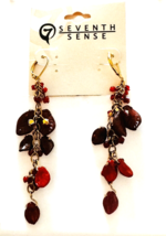 Seventh Sense Deep Red Dangle Earrings Leaf Motif Lever Backs 3&quot; Drop - £6.06 GBP