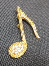 Vtg 2&quot; Gold-toned Musical Note Rhinestone Brooch Pin Jewelry - £9.36 GBP