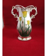 Unique handled vase with incised daffodils and drip mirror glaze 7” - $15.40 CAD