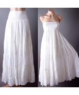 White Smocked Beach Summer Boho Eyelet Convertible Tiered Dress Long Skirt - £44.86 GBP