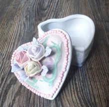 Heart Shaped Trinket Dish Jewelry Box Porcelain Ceramic Pastel Roses VTG... - $16.08