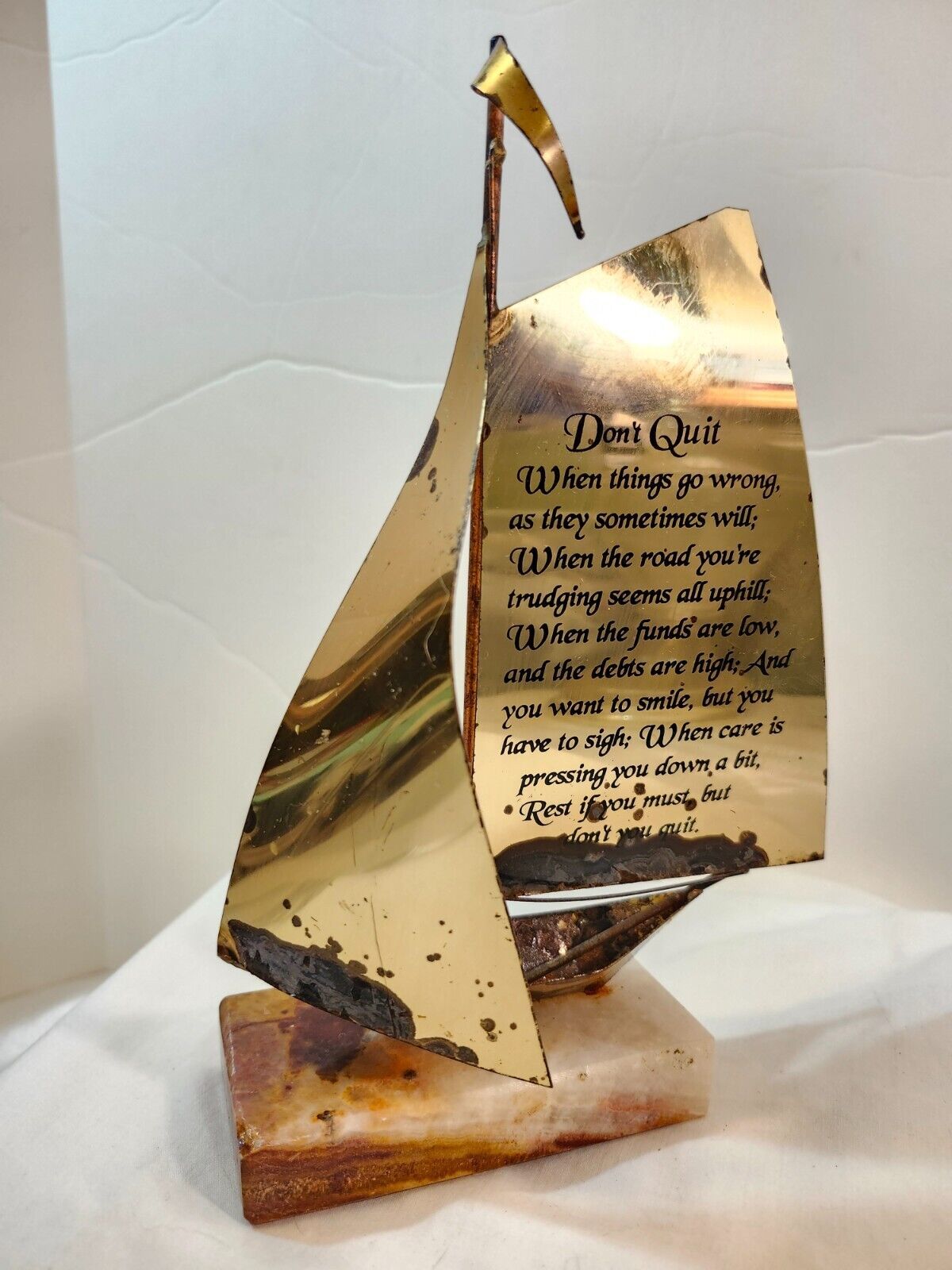 Vintage Brass Metal Art Sculpture Sailboat- Marble Base Inscribed &quot;Don&#39;t... - $17.82