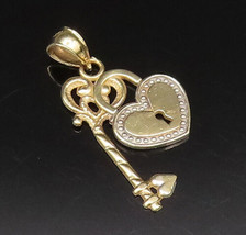 10K GOLD - Vintage Polished Love Heart Lock &amp; Key Charm Pendant - GP482 - £125.65 GBP