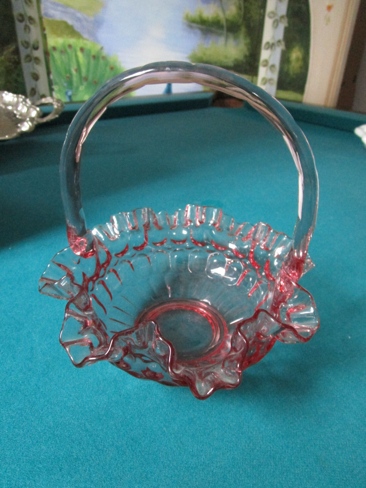 FENTON THUMBPRINT CRANBERRY  RUFFLED GLASS PRESSED BASKET 9 X 8&quot; - 1960&#39;... - $75.23
