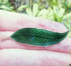 Vintage Mid-Century Green Enamel Long Gold-Tone LEAF Brooch Pin - $12.86