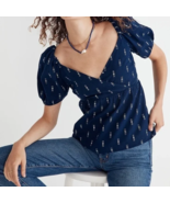 Madewell Sz M Jacquard Navy Puff Short Sleeve Cropped Top Blouse V Neck ... - $504.81 MXN