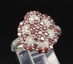 10K GOLD - Vintage Fancy Floral Garnet &amp; Genuine Diamonds Ring Sz 8 - GR516 - £270.83 GBP