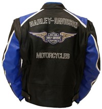 Men&#39;s Handmade Harley Cruiser Blue Motorcycle Leather Jacket Motorbike J... - £94.04 GBP