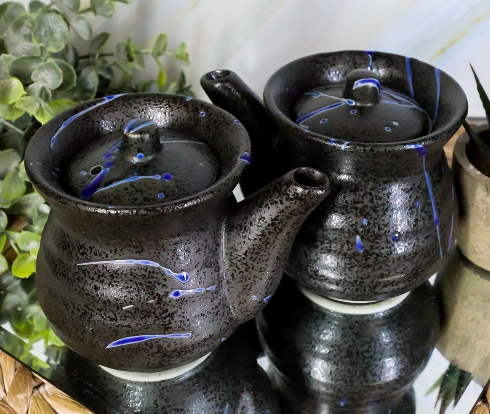 Pack of 2 Speckled Black Blue Japanese Tenmoku Porcelain Soy Sauce Dispensers Item image 9