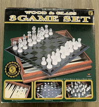 Chess Checkers Backgammon 3 in 1 Game Set Wood & Glass Tabletop Game Complete - £25.97 GBP