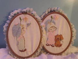 2 Vtg Wall Decor Picture Handmade Little Girl W/PUPPY Dog Holly Hobbie 7X6&quot; - £17.92 GBP