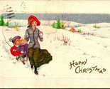 Pulling Children on Sled in Snow Happy Christmas Stecher 1920 DB Postcar... - $11.71