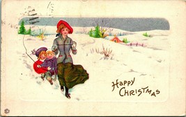 Pulling Children on Sled in Snow Happy Christmas Stecher 1920 DB Postcard C4 - £9.34 GBP