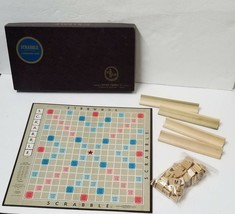 Scrabble Word Game Vintage 1950s Wood Letter Tiles Holders COMPLETE - £18.64 GBP