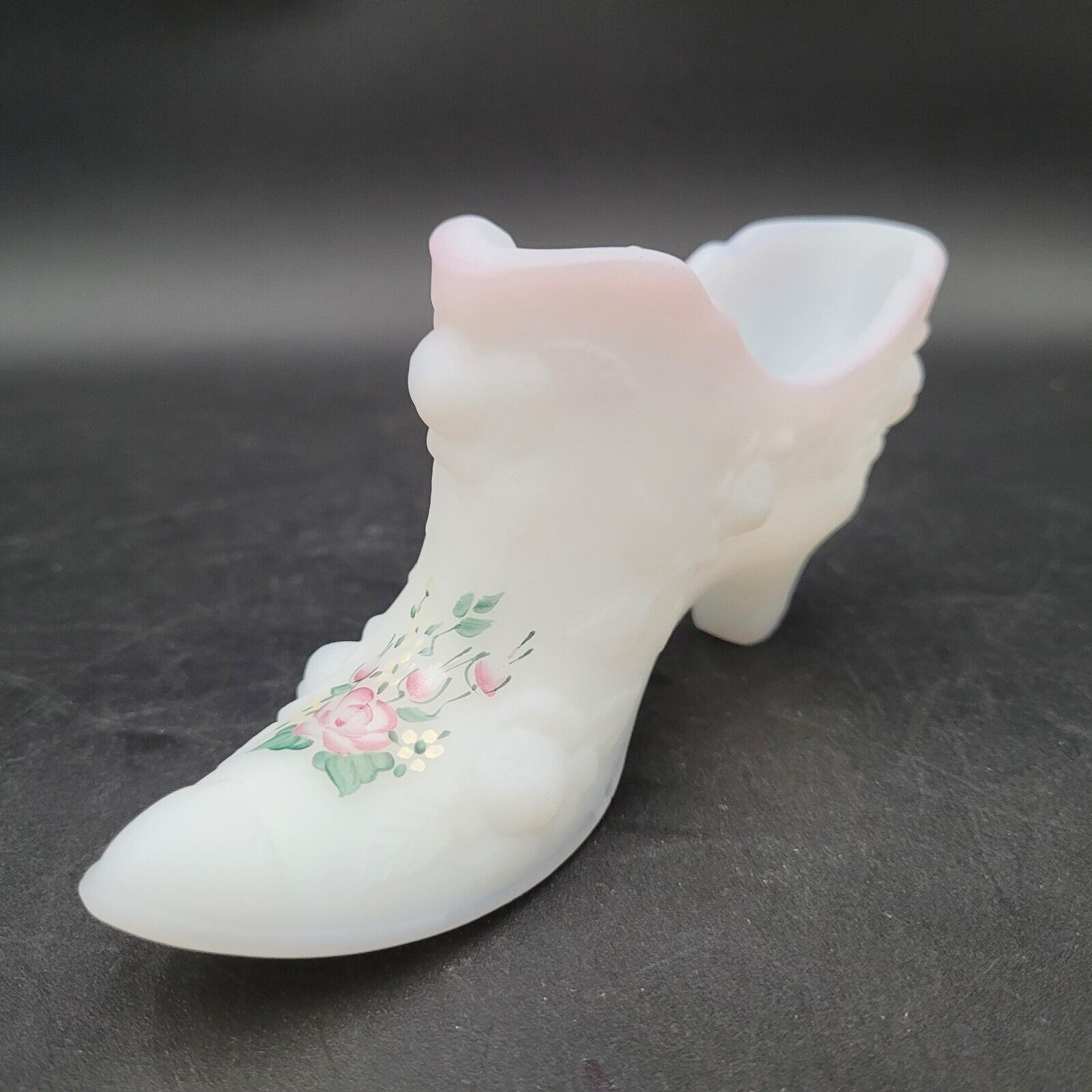 Fenton Satin White Milk Glass Shoe Cabbage Rose Slipper Pink Handpainted... - $11.87