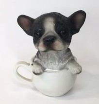 Small Teacup Frenchie French Bulldog in Cup Figurine Black &amp; White Puppy... - £15.40 GBP