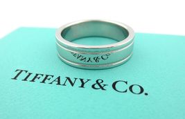 Tiffany &amp; Co Platinum Double Milgrain Flat Wedding Band Ring 6mm Size 7.... - £1,192.28 GBP