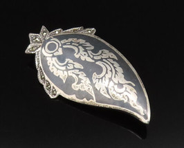 925 Sterling Silver - Vintage Black Enamel &amp; Marcasite Leaf Brooch Pin -... - £61.94 GBP