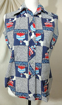 Vtg Steamboat Sleeveless Shirt Button Collared Blue Top Blouse Ship Boat... - £32.33 GBP