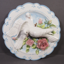 3D White Dove Plate 8&quot; Lovebirds Wedding Anniversay 3D Pink Flowers Cera... - $24.77