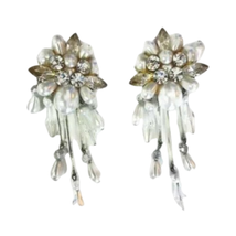 Vintage Clear Rhinestone Faux Pearls Dangle Chandelier Earrings Clip On - £15.80 GBP