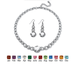 Round Simulated Birthstone April Crystal Necklace Drop Earrings Silvertone - £78.65 GBP