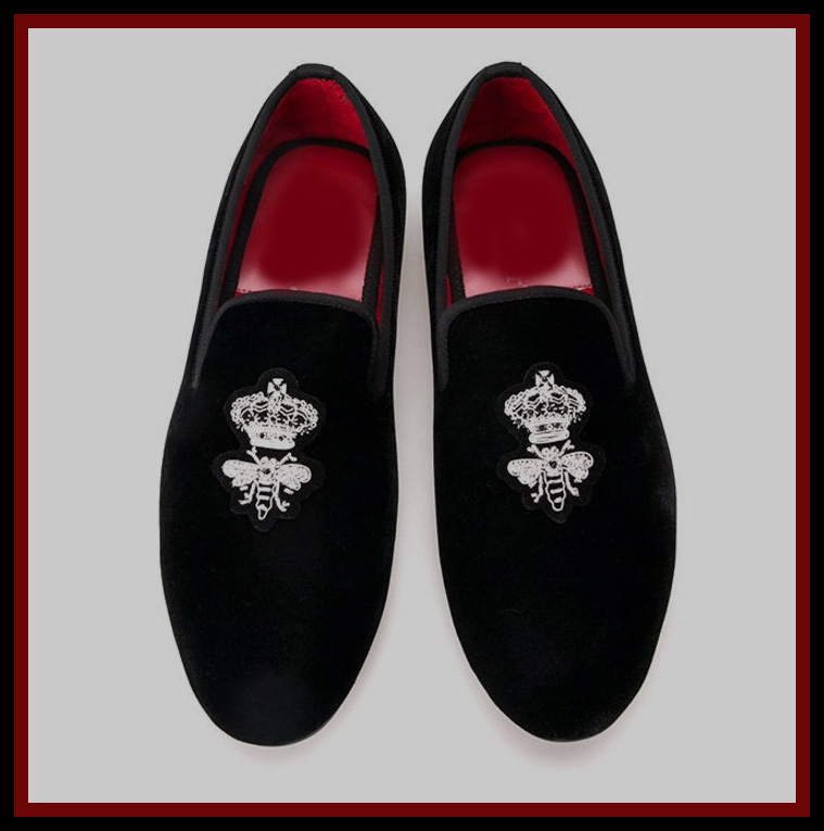 New .Handmade Crown BEE Black Men Velvet Loafers embroidered Slipper Party Shoe