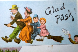 Easter Witch Postcard Fantasy Glad Pask Husband Wife Kids Flying On Broom Sweden - £30.66 GBP