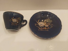 Vintage Bahamas souvenir mini teacup and plate royal blue gold leaf sea ... - $17.42