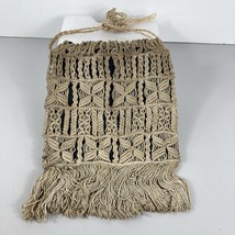 Antique Macrame Drawstring Purse Handbag Blue Silk Lined Fringe String Knotted - $143.54