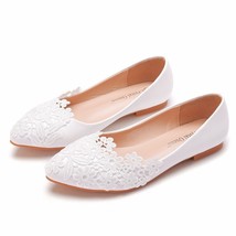 Spring and summer white PU pointed lace bridal wedding shoes large size flat dre - £30.50 GBP