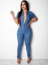 Solid Single-Breasted Pockets Denim Jumpsuit - £54.19 GBP